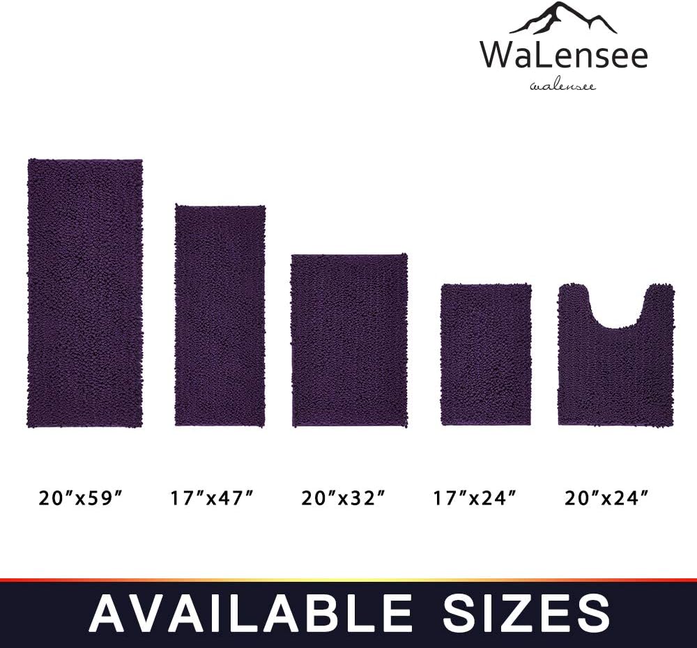 Walensee Bathroom Rug 2 Pieces Set Non Slip Bath Mat (20"x32" Plus 20"x24" U Dark Purple) Water Absorbent Super Soft Shaggy Chenille Machine Washable Dry Extra Thick Perfect Carpet for Shower Floor