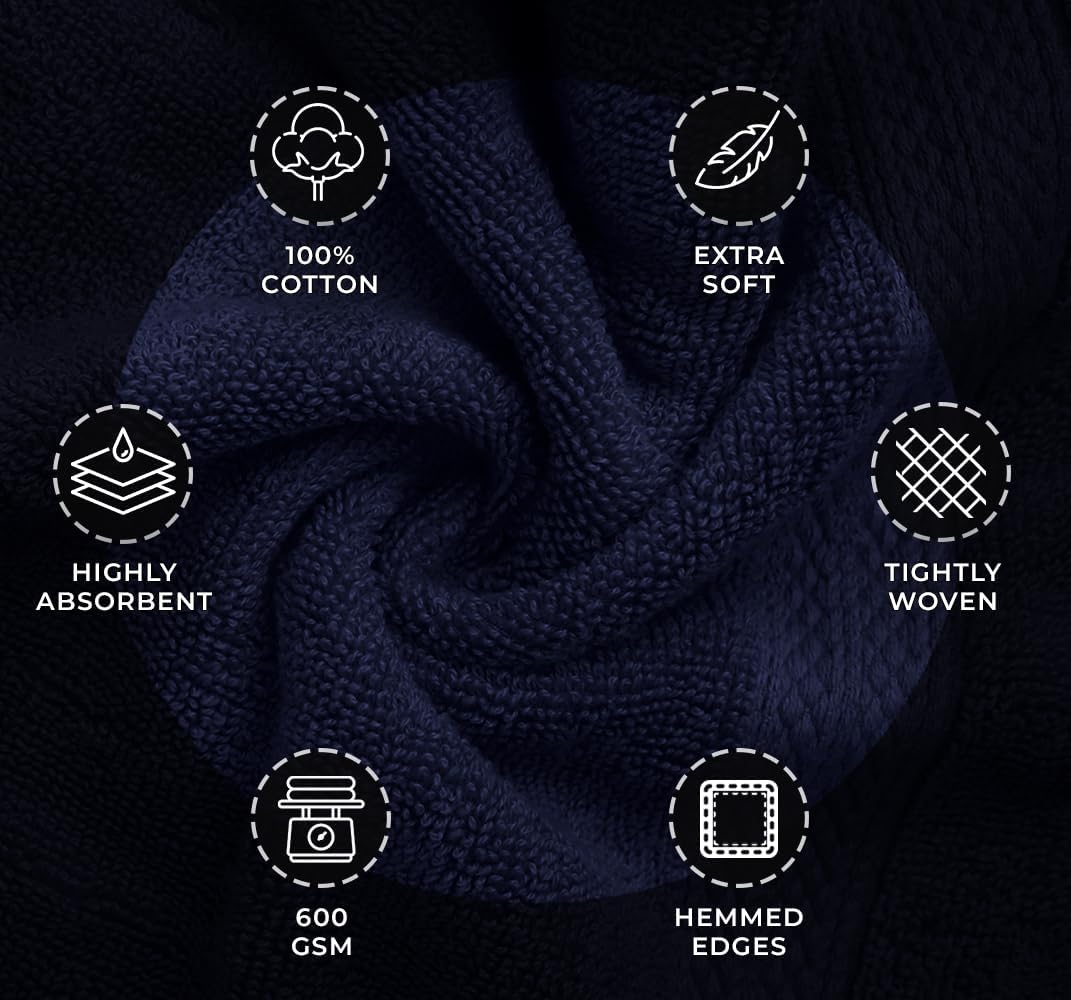 Avalon Towels Navy Blue Bath Towels Set of 4 pcs (27x54 inches), 100% Cotton Towel Absorbent and Quick Dry Navy Towel for Bathroom, Super Soft and Perfect for Daily Use