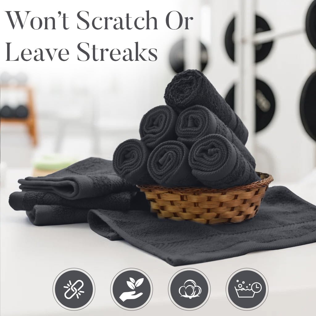 DAN RIVER 12-Pack Premium 100% Cotton Dark Gray Face Towels – Reusable Face Towel Set, Soft & Absorbent Small Wash Cloths for Bathroom & Body – Hand and Face Towels, 550 GSM (12x12 in)