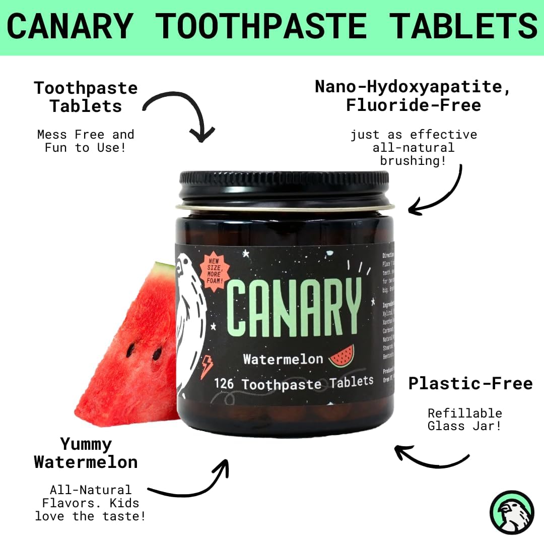 Canary Nano Hydroxyapatite Toothpaste Tablets Watermelon- Remineralizing, Fluoride Free, All Natural Tabs with Xylitol - Great for Kids, Plastic Free - 189 Count