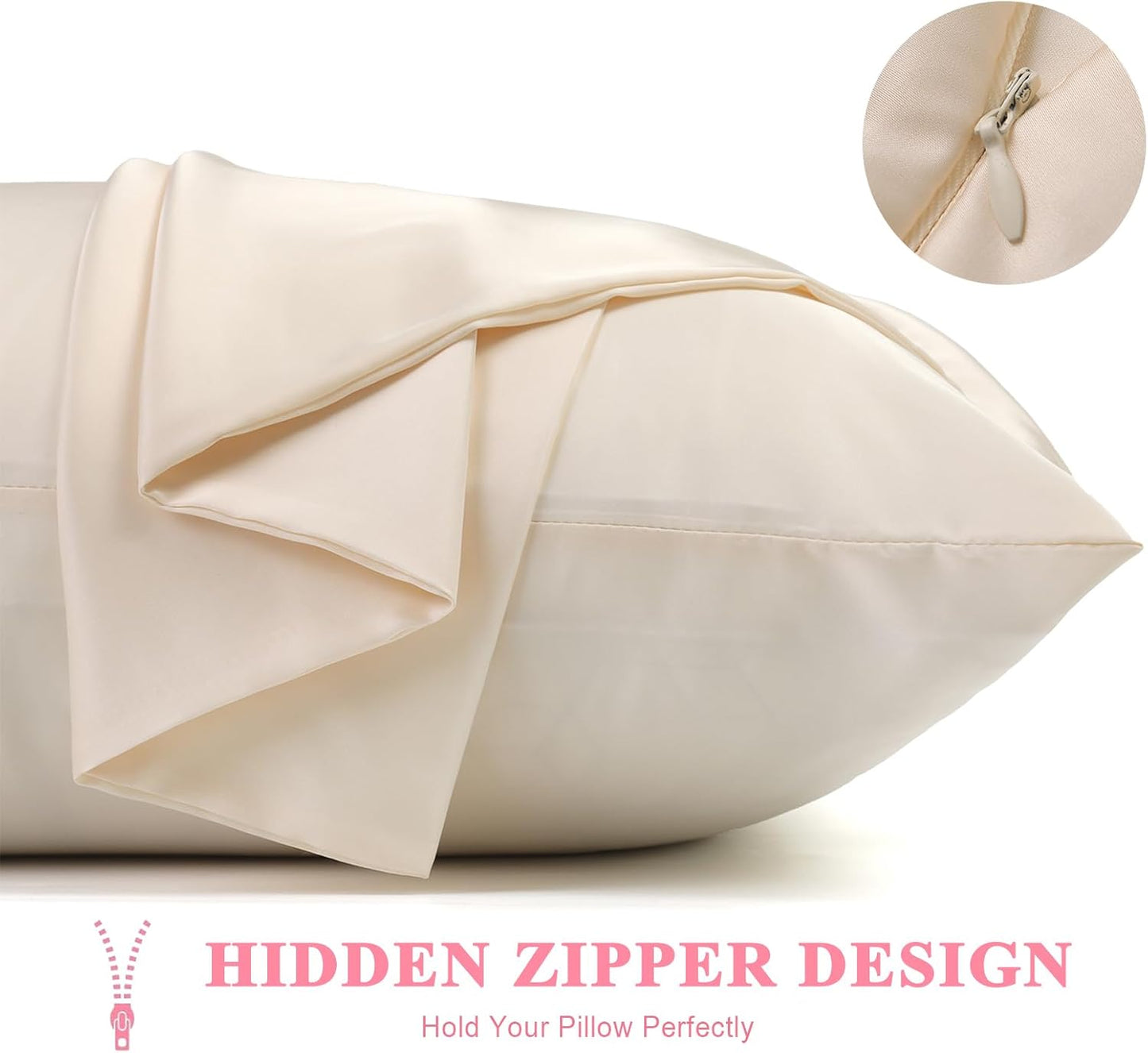 100% Silk Pillowcase 2 Pack for Hair and Skin, Both Sides 23 Momme Grade 6A+ Mulberry Silk Pillowcases with Hidden Zipper, Soft&Smooth Cooling Pillow Cases (Beige, Standard 20×26)
