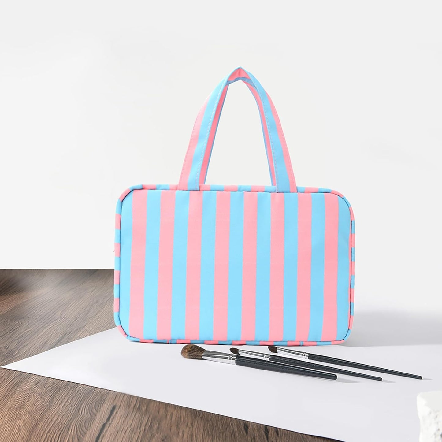 Toiletry Bag for Women Travel Water-resistant Cosmetic Bag Fashion Stripes Makeup Bag with Hanging Hook Preppy for Store Toiletries Cosmetic Accessories Large Capacity Rose Red