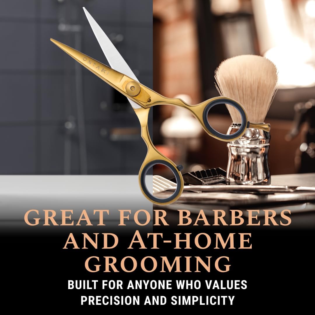 Ontaki Japanese Steel Beard & Hair Trimming Scissors - Precision Convex Blades Hair Cutting Scissors - Adjustable Tension Knob Barber Shears - Rubber Ring Grip & Mustache Comb - Gold Brass, 5.5 in