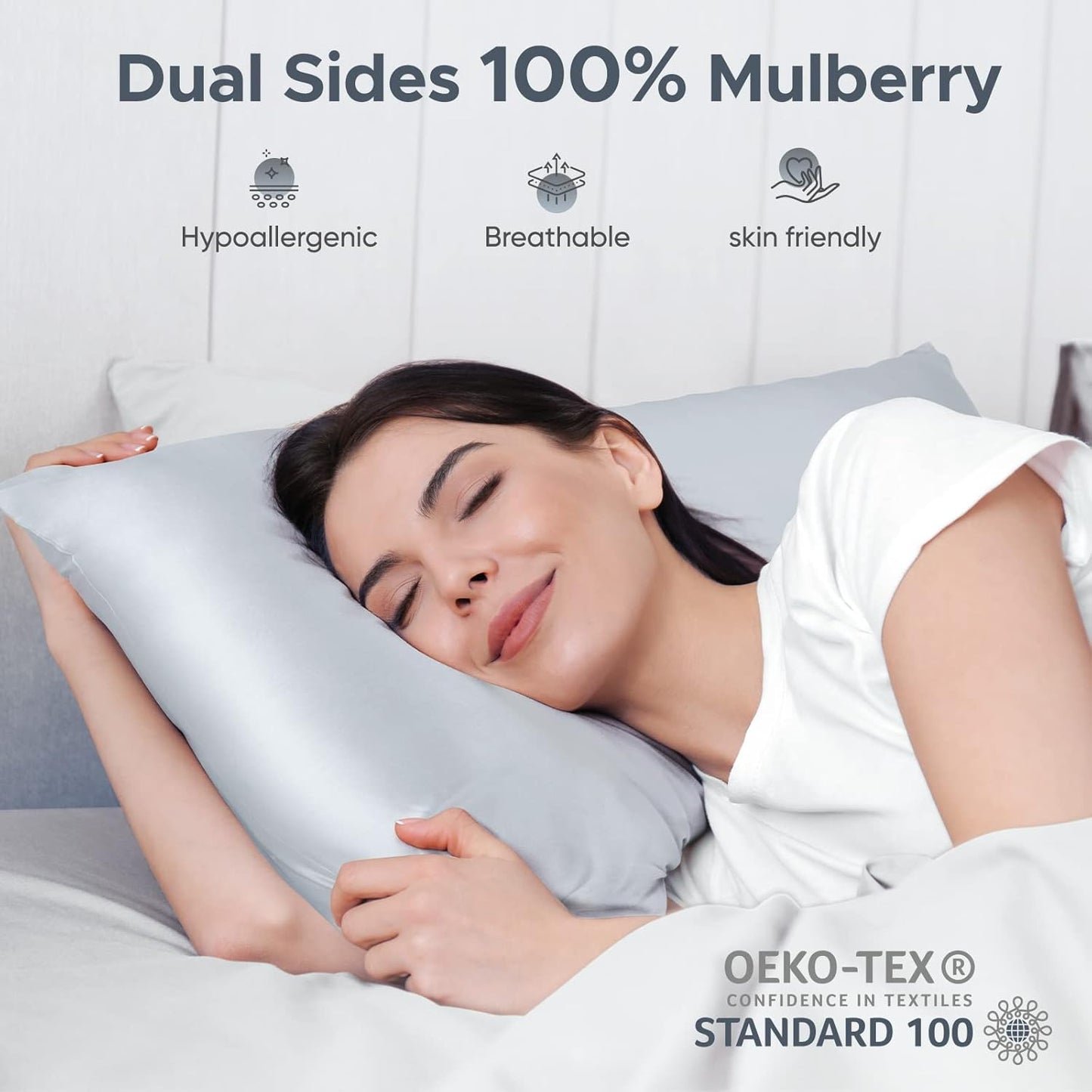 100% Pure Mulberry Silk Pillowcase for Hair and Skin - Allergen Resistant Dual Sides,600 Thread Count Silk Bed Pillow Cases with Hidden Zipper,1pc,Queen Size,Gray