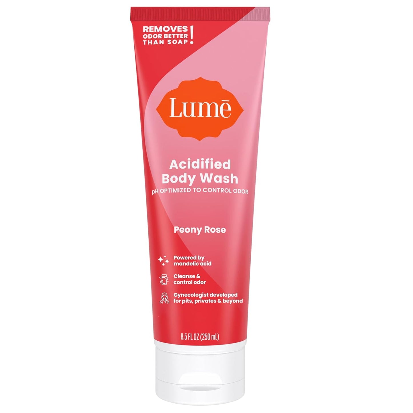 Lume Acidified Body Wash - 24 Hour Odor Control - Removes Odor Better than Soap - Moisturizing Formula - Formulated Without SLS or Parabens - OB/GYN Developed - 8.5 ounce (Peony Rose)