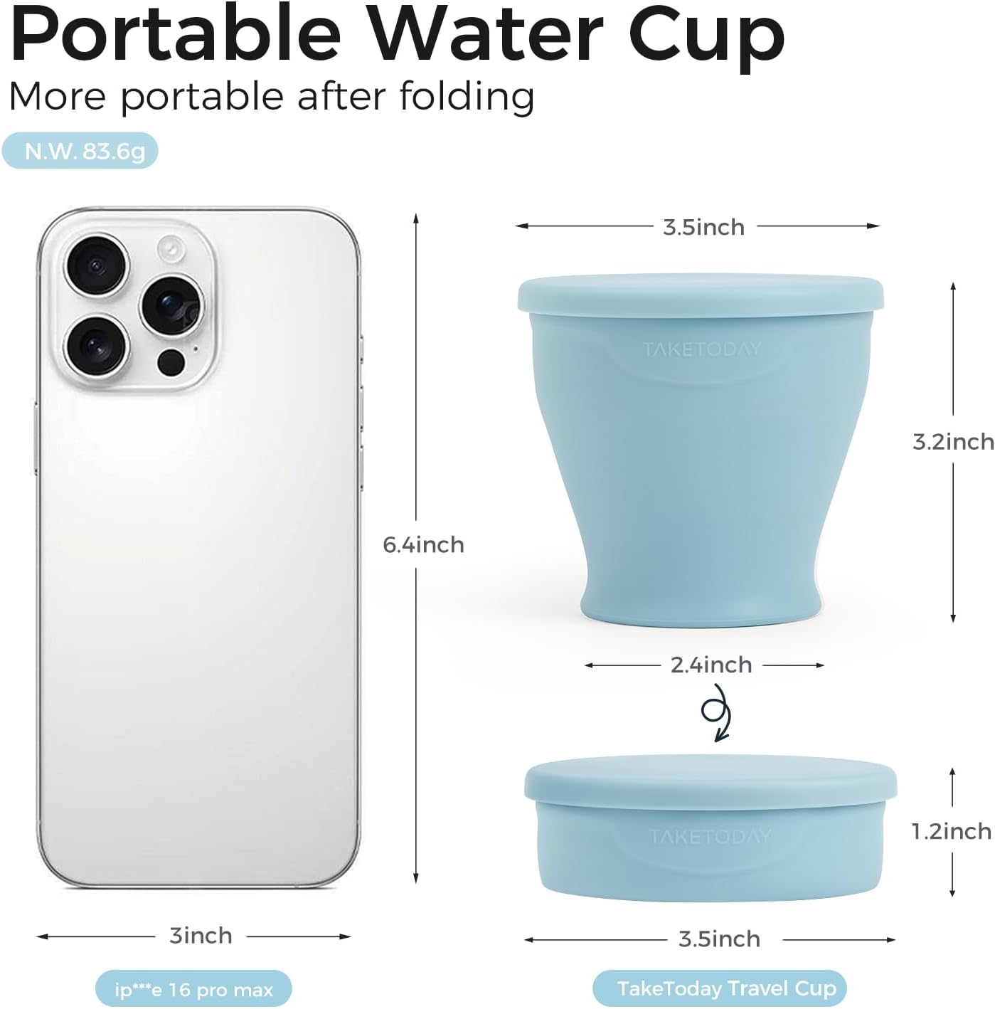 TakeToday Collapsible Travel Cup - Silicone Foldable Water Cup, BPA-Free with Lid & Waterproof Bag - Drinking Cup Set for Office, Camping & International Travel(8 Oz, Blue)