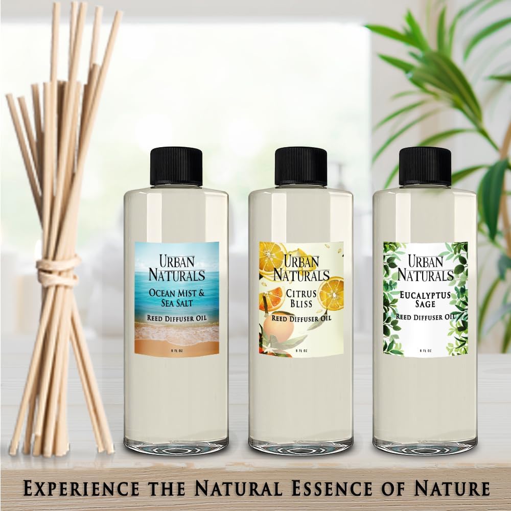 Urban Naturals Reed Diffuser Oil Refill Sandalwood Vanilla with Tahitian Vanilla, Bourbon Notes 8 oz + Free Reed Sticks, Made in The USA
