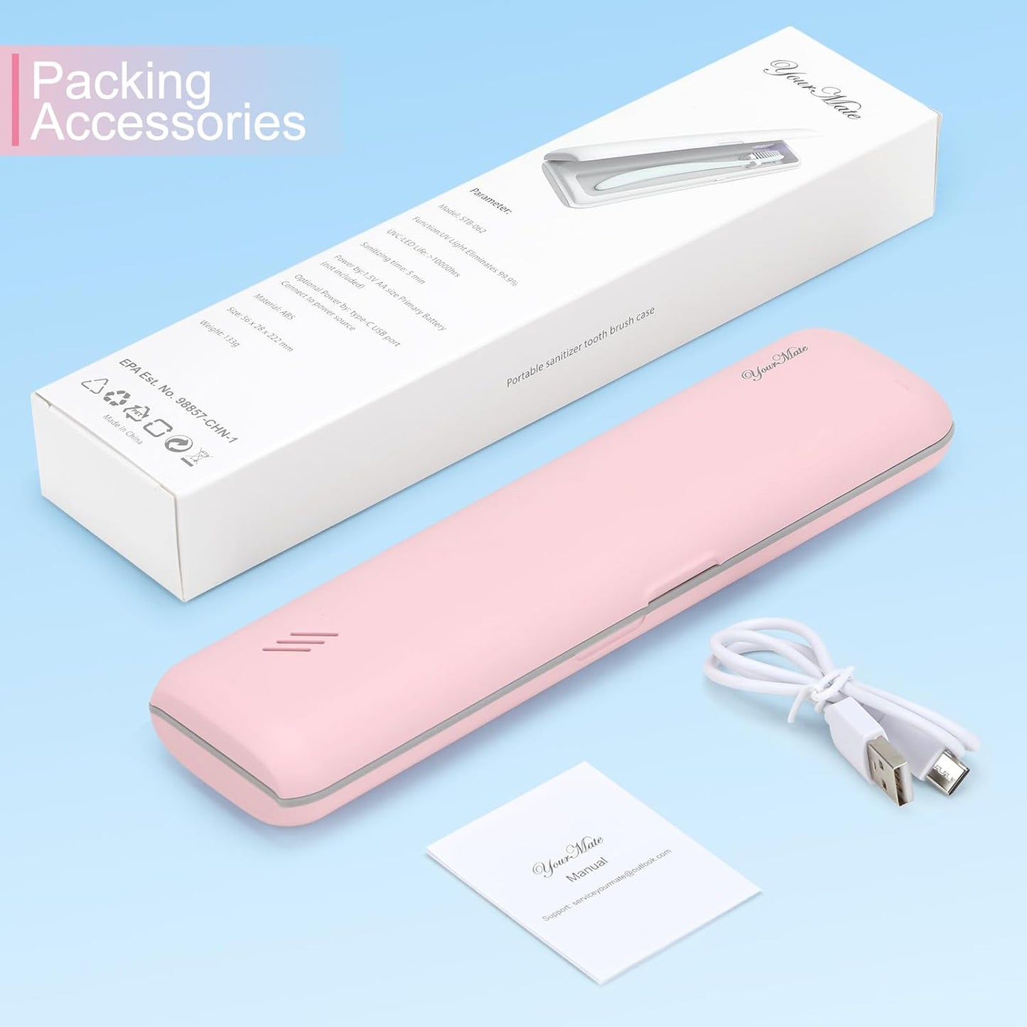 YourMate Toothbrush Sanitizer Case Travel Toothbrush Covers Case for Houshold and Traveling Power by AA Battery or USB-C Pink