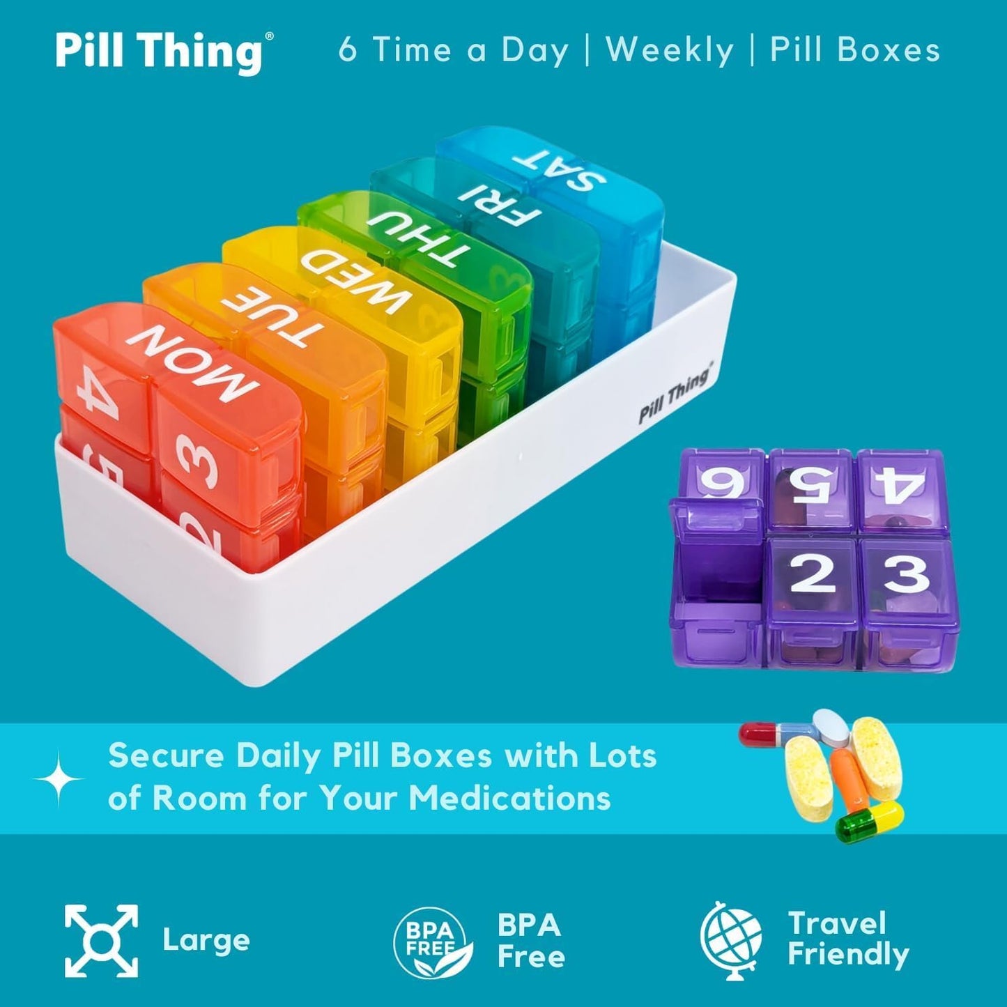 6 Times a Day, 7 Day Large Weekly Pill Organizer with Holder Tray, Vitamin, Medicine Box, Multicolor with Medical Alert Card (6X a Day - 2 Pack)