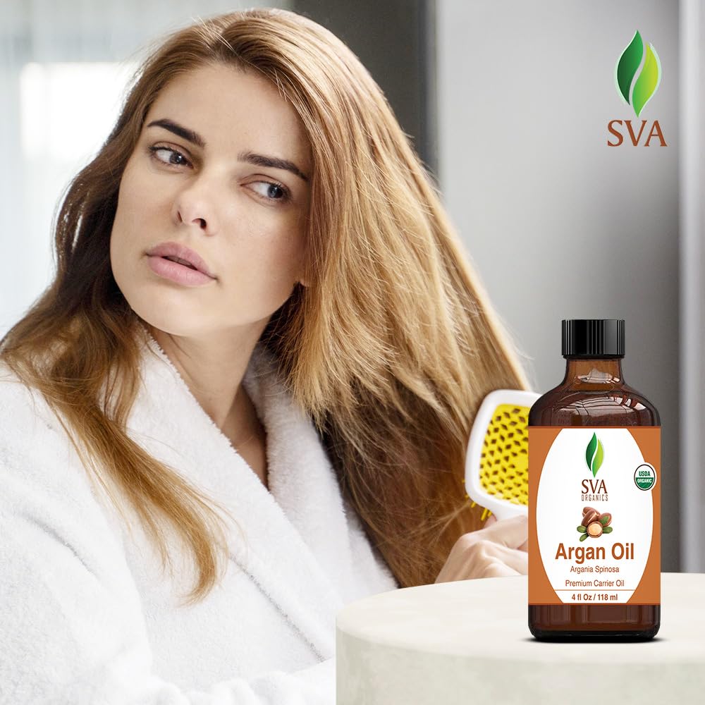 SVA Argan Oil Organic - 4 Fl Oz – 100% Natural Cold Pressed Organic Argan Oil - for Face, Skin Care, Hair Care, Scalp Massage & Body Massage – Carrier Oil with Dropper