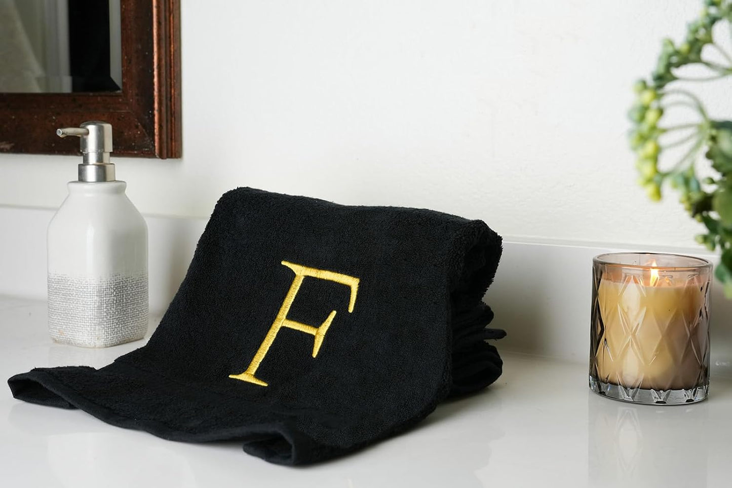 Black Monogrammed Hand Towel for Bathroom - Initial Hotel Quality Decorative Embroidered Luxury Towel for Powder Room, Spa - GOTS Organic Certified - Pack of 2 - Letter F