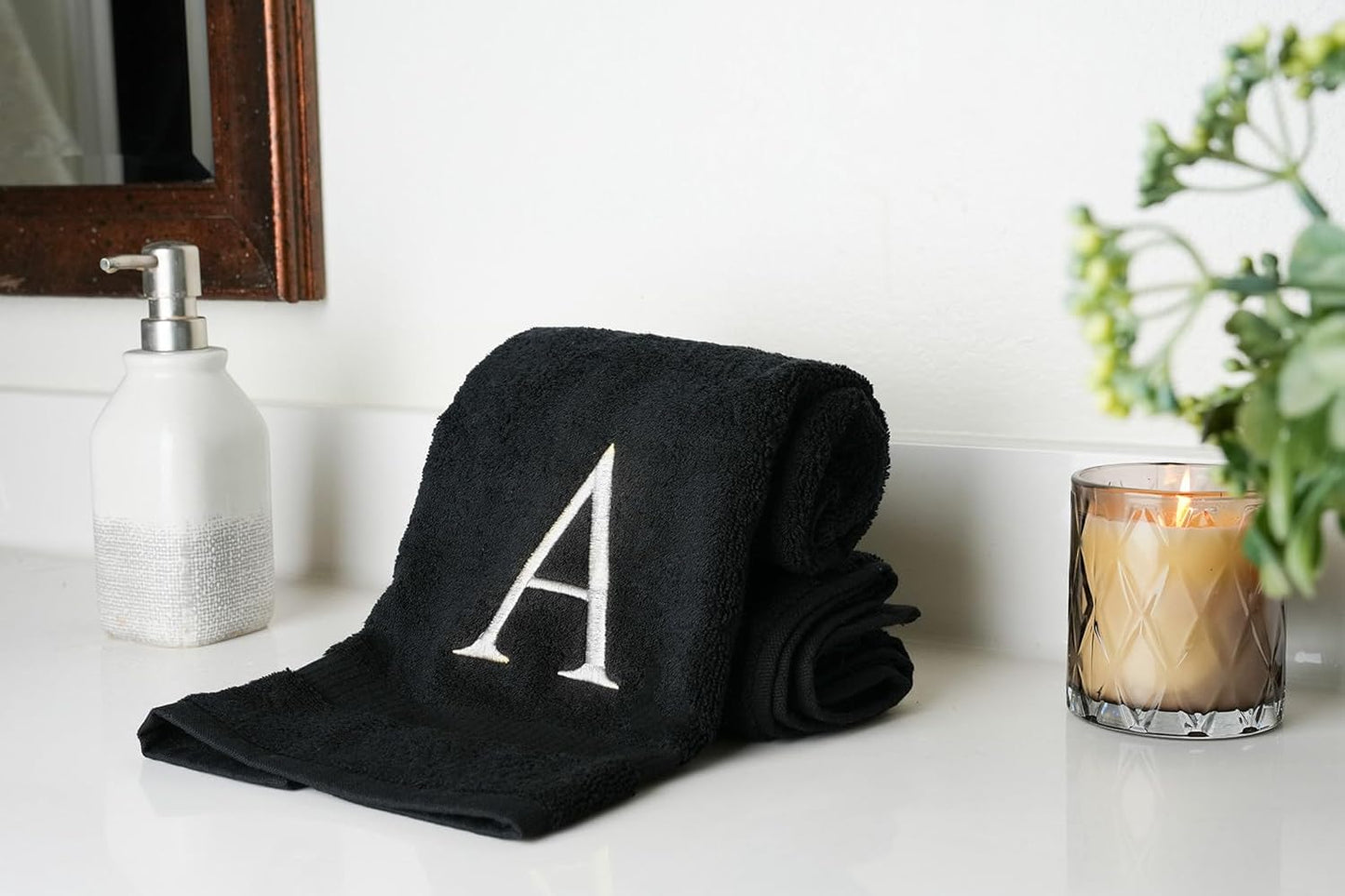 Black Monogrammed Hand Towels for Bathroom- Black and White Luxury Hotel Quality Personalized Initial Decorative Embroidered for Powder Room, Spa-GOTS Organic Certified - Pack of 2, Letter A