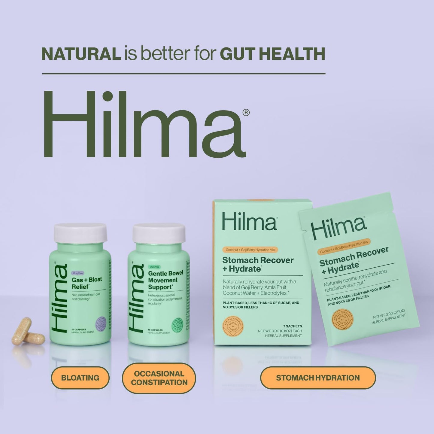 Hilma Natural Gas and Bloating Relief with Lemon Balm, Fennel & Peppermint Leaf, Doctor Formulated with Organic Ingredients, 100 Vegan Capsules