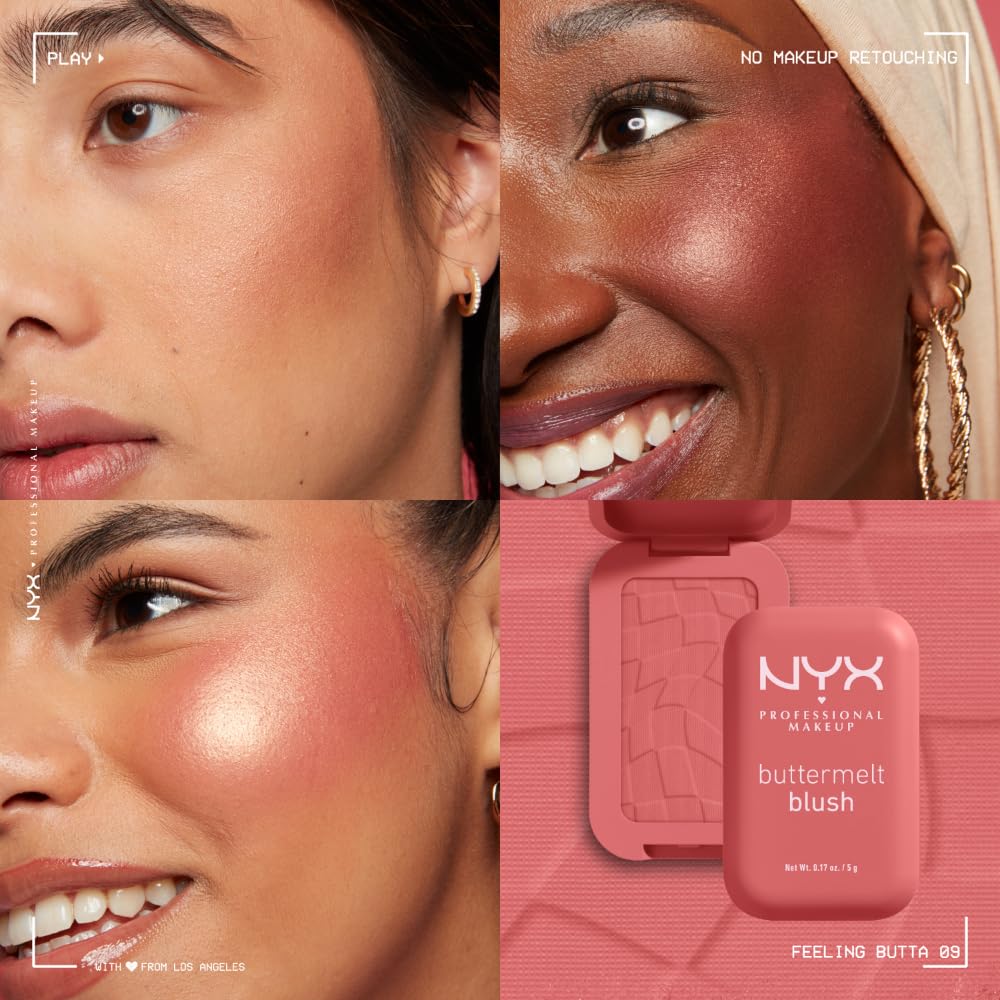 NYX PROFESSIONAL MAKEUP Buttermelt Powder Blush, Fade and Transfer-Resistant Blush, Up to 12HR Make Up Wear, Vegan Formula - Feeling Butta