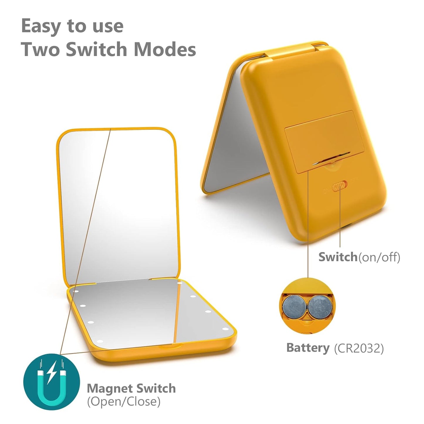 Kintion Pocket Mirror, 1X/3X Magnification LED Compact Travel Makeup Mirror with Light for Purse, 2-Sided, Portable, Folding, Handheld, Small Lighted Mirror for Gift, Yellow