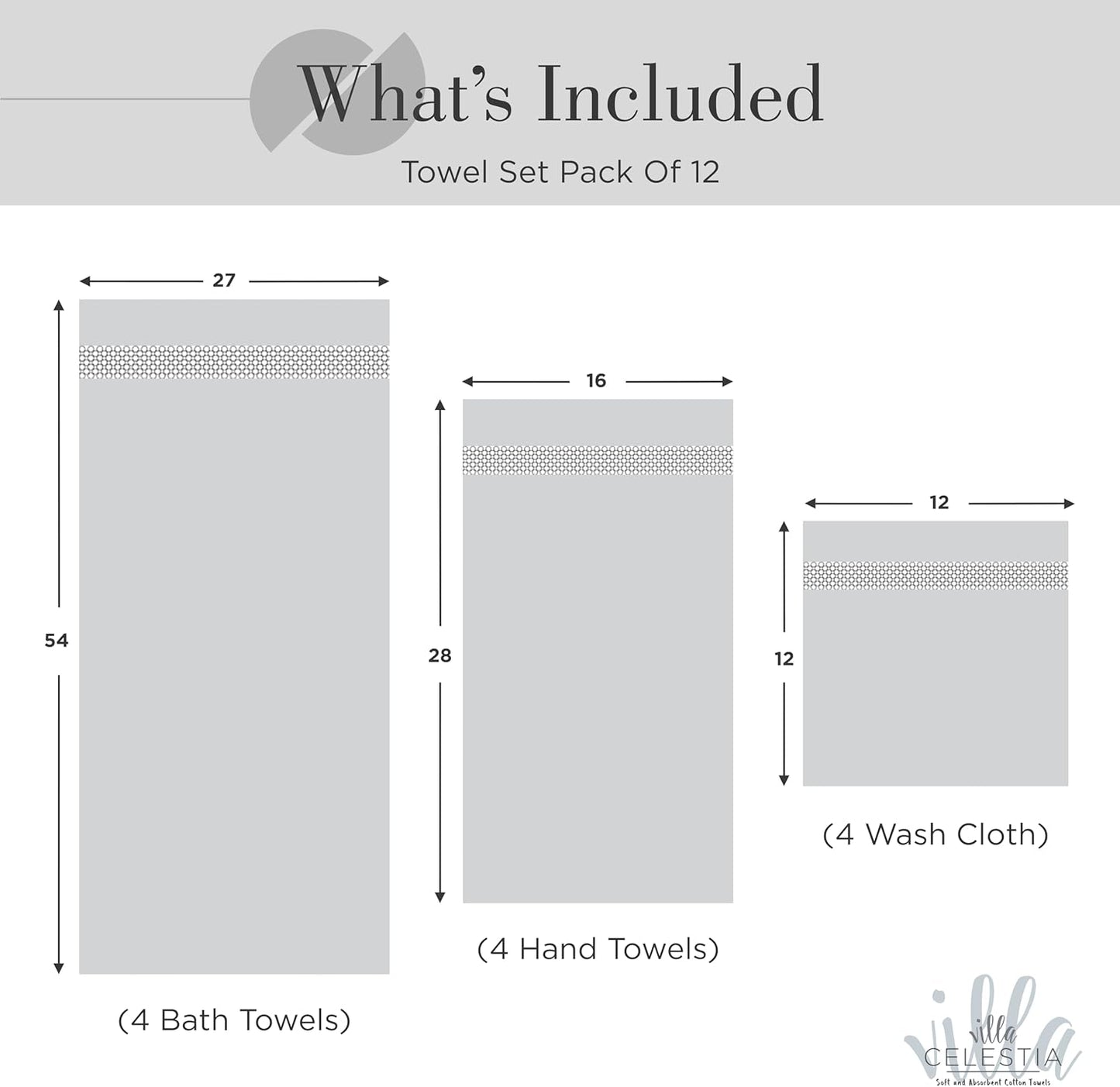 100% Cotton Bath Towel Set of 12-4 Bath Towels, 4 Hand Towels, 4 Wash Cloths, Sustainable, Soft, Highly Absorbent, Combed Cotton 12 Piece Set for Hotels, Spa, Bathroom, Dorm, Silver