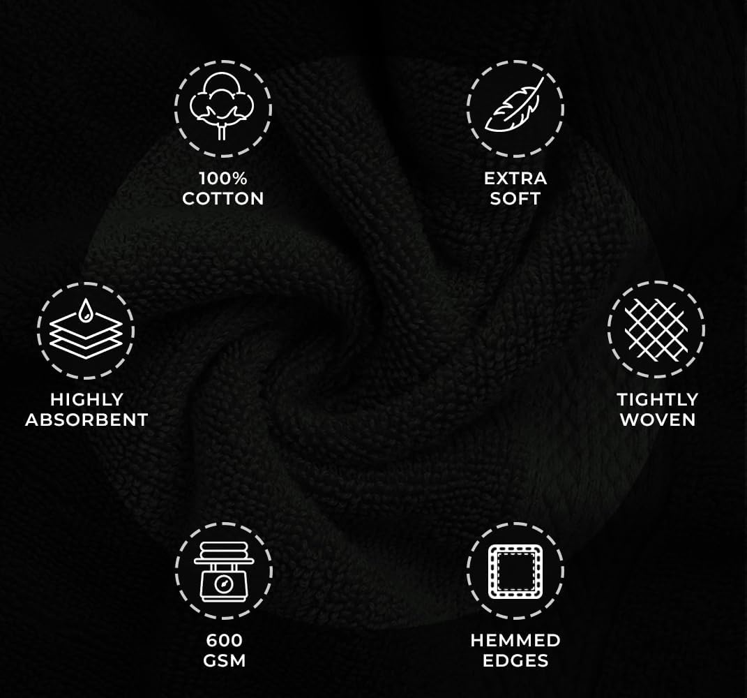 Avalon Towels Black Bath Towels Set of 4 pcs (27x54 inches), 100% Cotton Towel Absorbent and Quick Dry Black Towels for Bathroom, Super Soft and Perfect for Daily Use