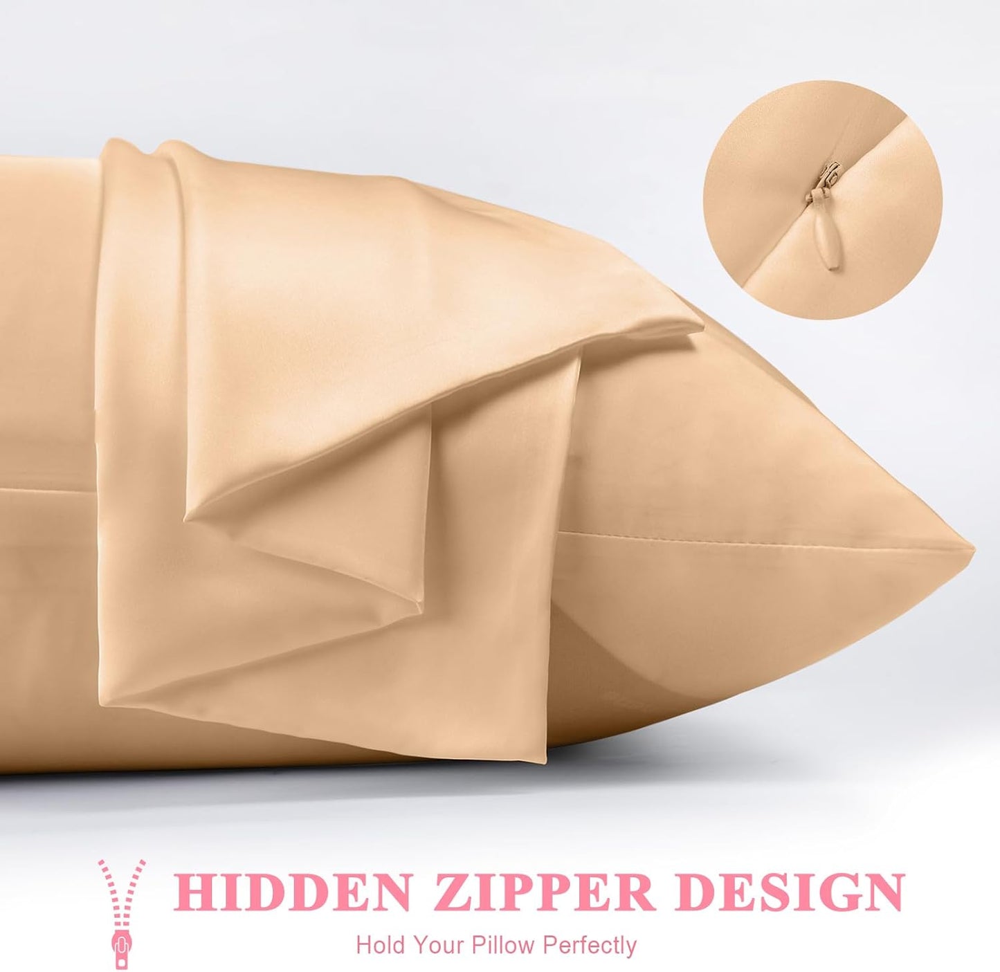 100% Silk Pillowcase 2 Pack for Hair and Skin, Both Sides 23 Momme Grade 6A+ Mulberry Silk Pillowcases with Hidden Zipper, Soft&Smooth Cooling Pillow Cases (Champagne, King 20×36)