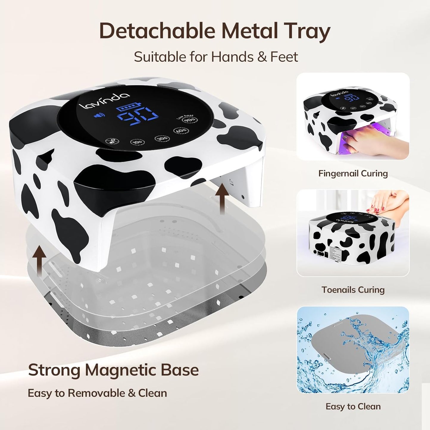 Lavinda LED Nail Lamp UV Light for Gel Nails Cordless Rechargeable UV Lamps Nail Light with 4 Timer, 2X Faster Professional Gel Polish Curing Nail Dryer for Salon Use-Cow Print