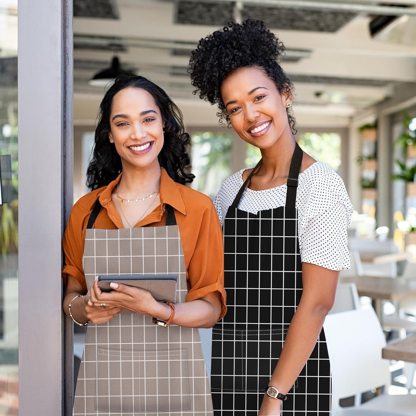 Britimes 2 Pack Aprons, Plaid Check Grid Taupe Adjustable Bib Aprons with 2 Pockets for Women Men Couple Lovers Chef Home Kitchen Cooking Baking Gardening Tan Black Apron 32x28 Inches