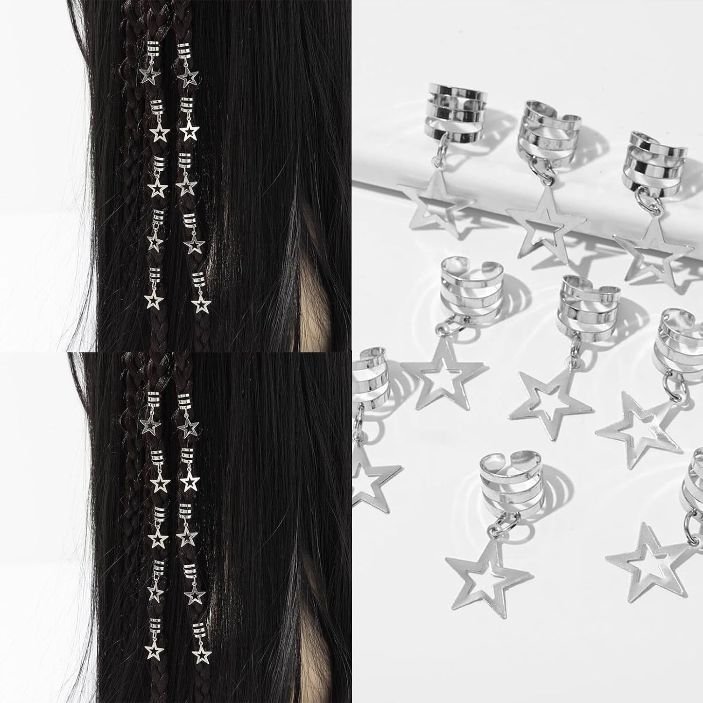 Silver Hollow Star ButterflyHair Jewelry for Braids; ButterflyMetals Cuffs Clip Hair Accessories Styling Fashion Toos for Women Men 35 Pcs (Sliver)