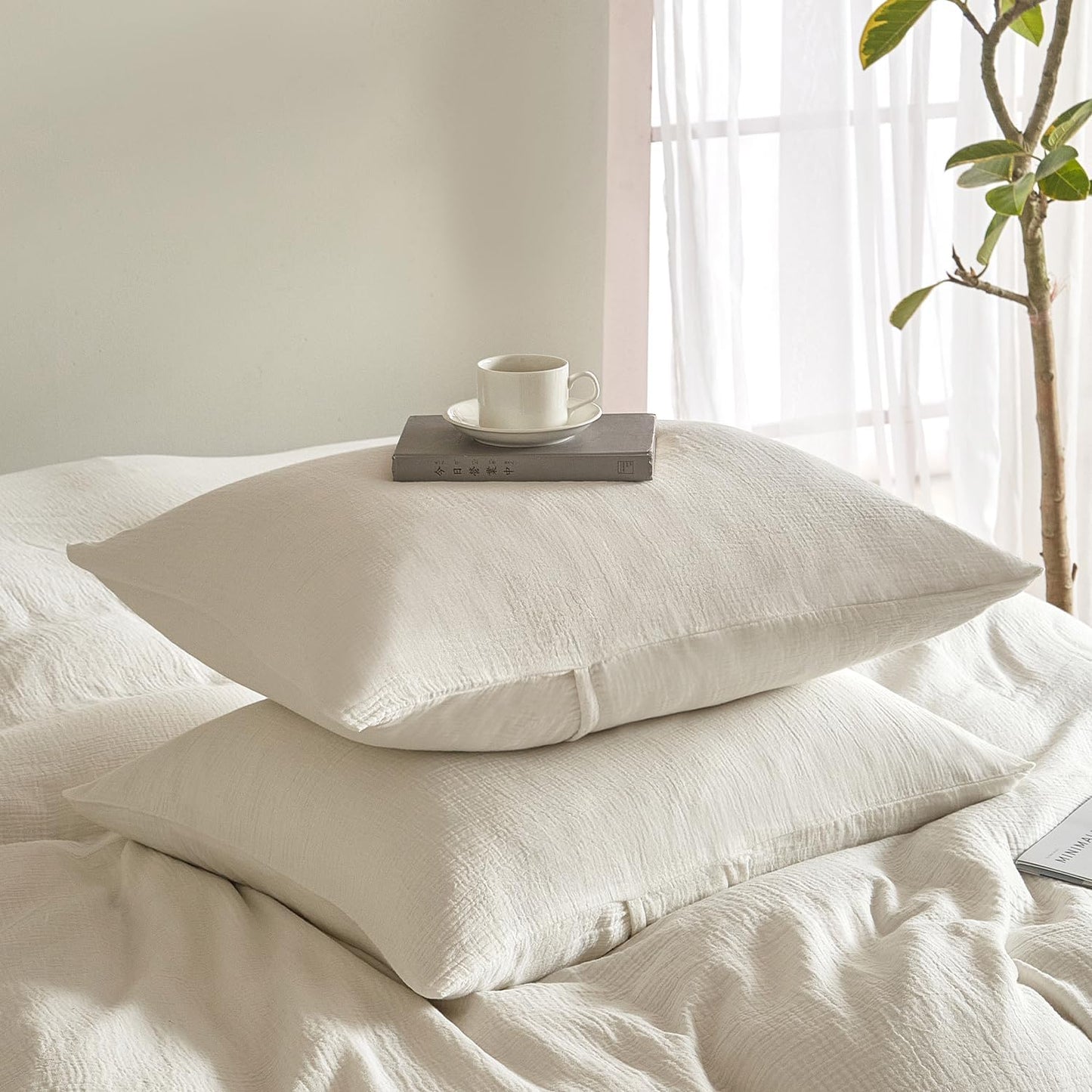 SE SOFTEXLY Muslin Pillowcases Standard Size 100% Cotton, 2 Pack Linen Like Pillow Shams with Envelope Closure, Ultral Soft and Breathable Pillow Case Covers, White, 20" X 26", No Filling