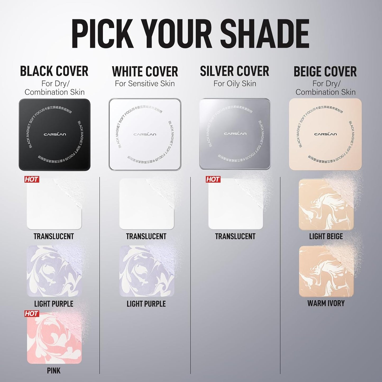 CARSLAN 2.0 Black Magnet Soft Focus Powder, Waterproof Translucent Pressed Setting Powder, 24H Longlasting Talc-Free Face Powder, Oil Control Compact Makeup,04 Warm Ivory For Dry&Com Skin, 0.28Oz