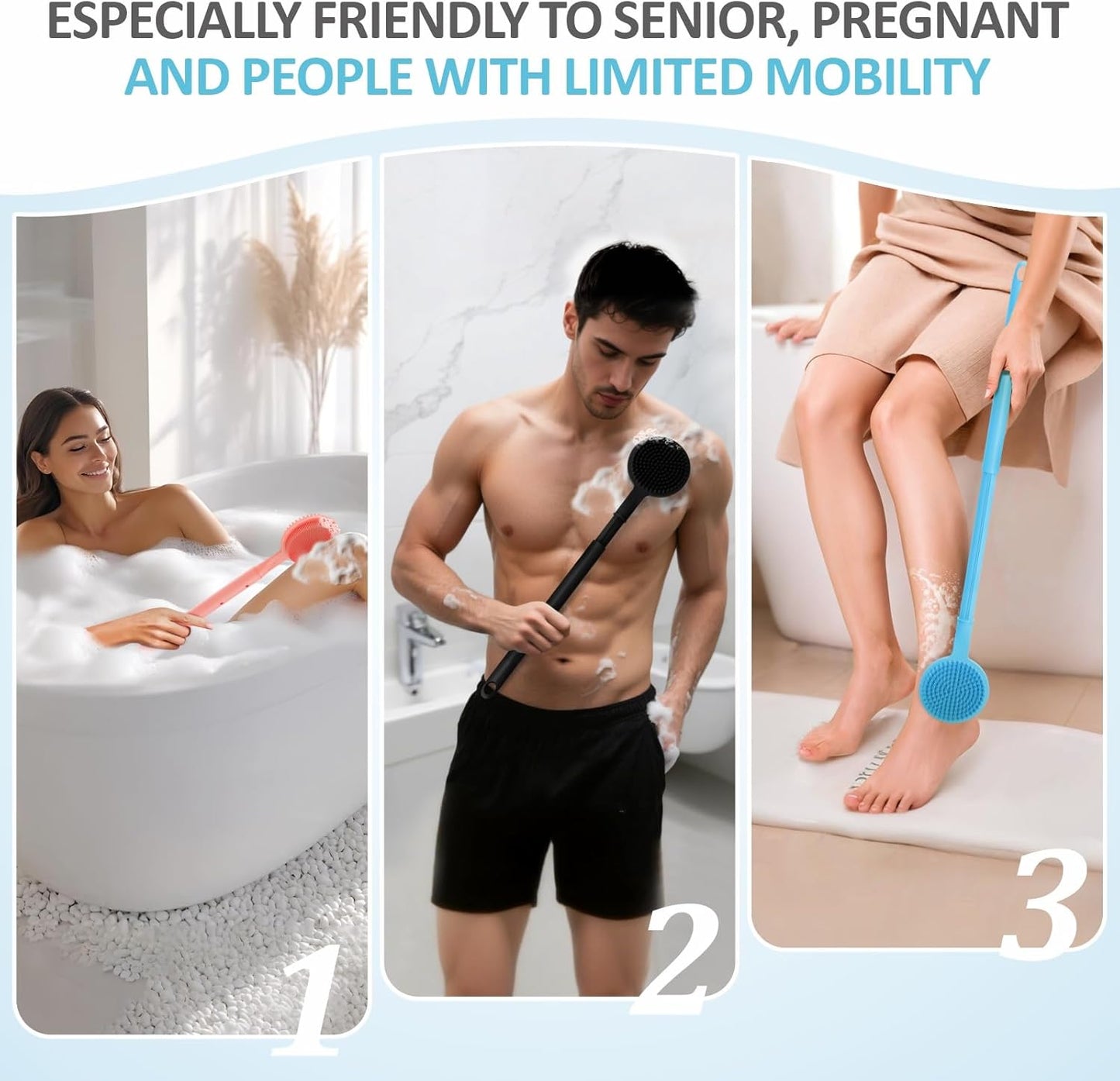 Adjustable Silicone Back & Face Scrubber Set, 16''-24'' Extendable Shower Back Scrubber with Dual-Side Head and Lathering Bristles, Manual Face Scrubber with Soft Bristles Non-Slip Handle(Blue)