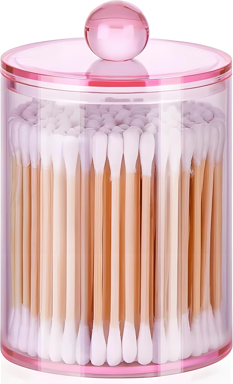 AXX Qtip Dispenser Apothecary Jars Bathroom - Qtip Holder Storage Canister Clear Plastic Jar for Cotton Swab,Q-Tips,Cotton Rounds (Pink 1Pcs)