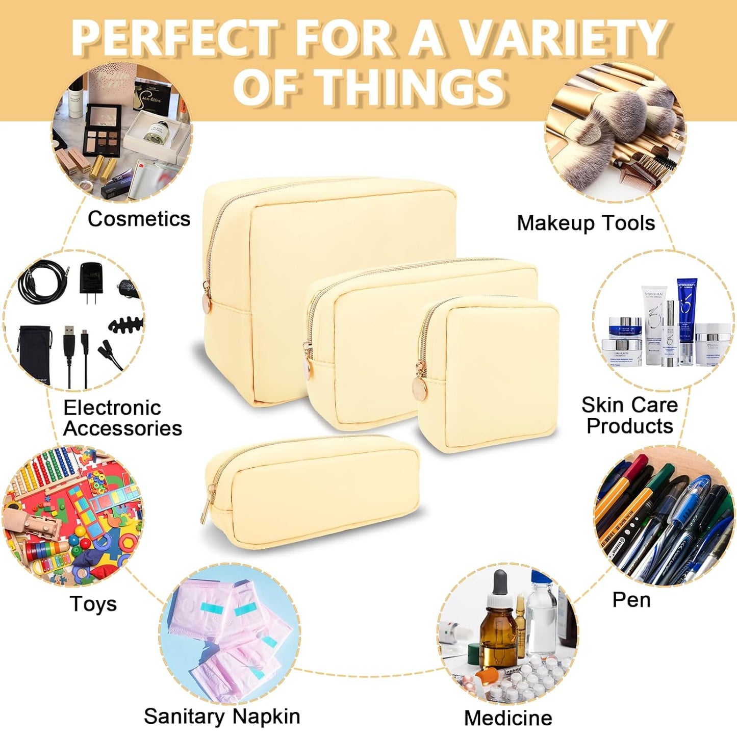 Mini Makeup Pouch for Purse, Small Cosmetic Bag Pouch Nylon Travel Toiletry Organizers for Women Girls, Cute Zipper Pouch Coin Purse Preppy Storage Bag for School Work(Mini-Sand)