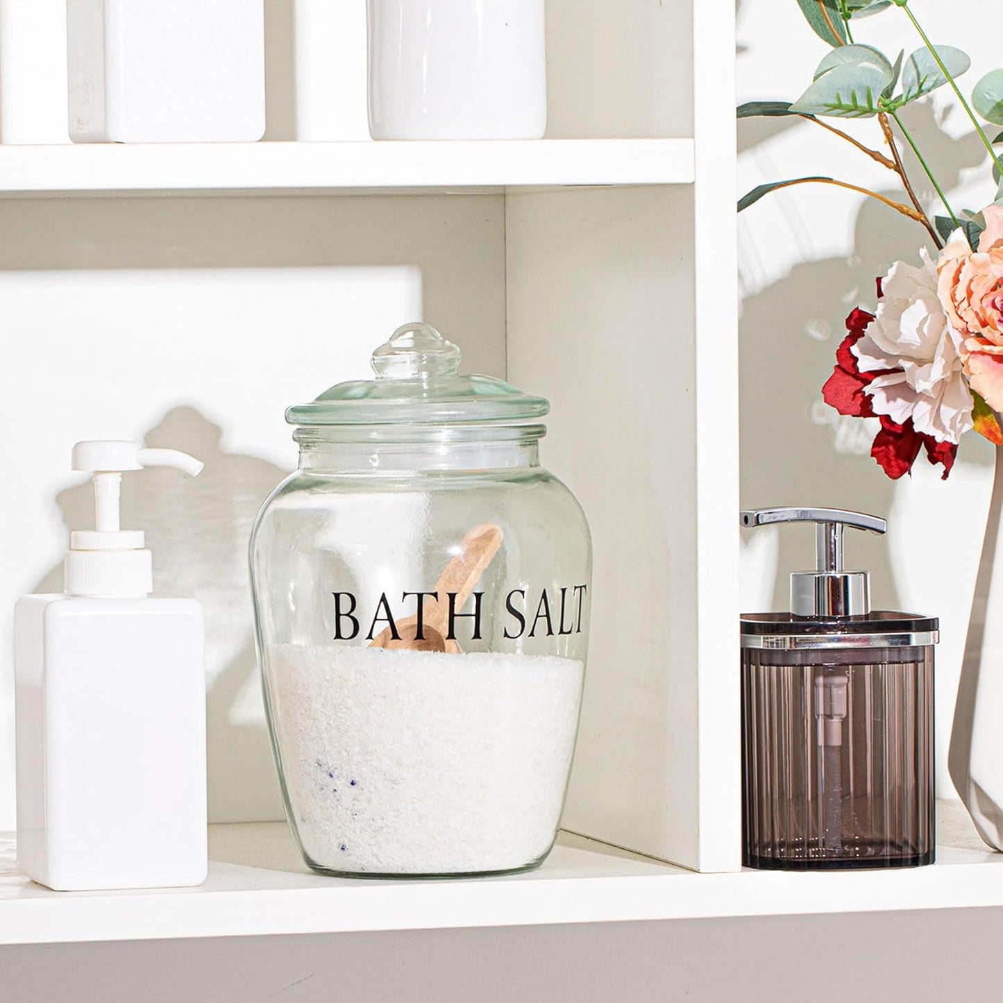 2 Sets 74 oz Bath Salt Container with Airtight Lid and Scoop Big Glass Jar with Wooden Scoop for Bath Flour Salt Candy Tea(Printed)