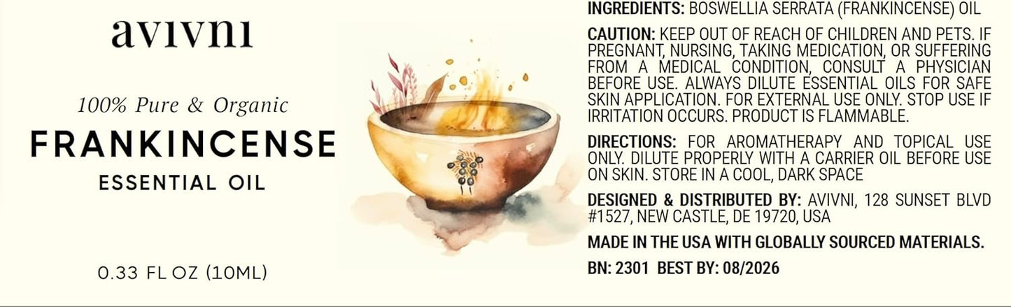 Avivni Frankincense Essential Oil - 100% Pure & Natural, Undiluted for Aromatherapy, Hair, Muscle, Diffuser (0.33oz - 10ml)