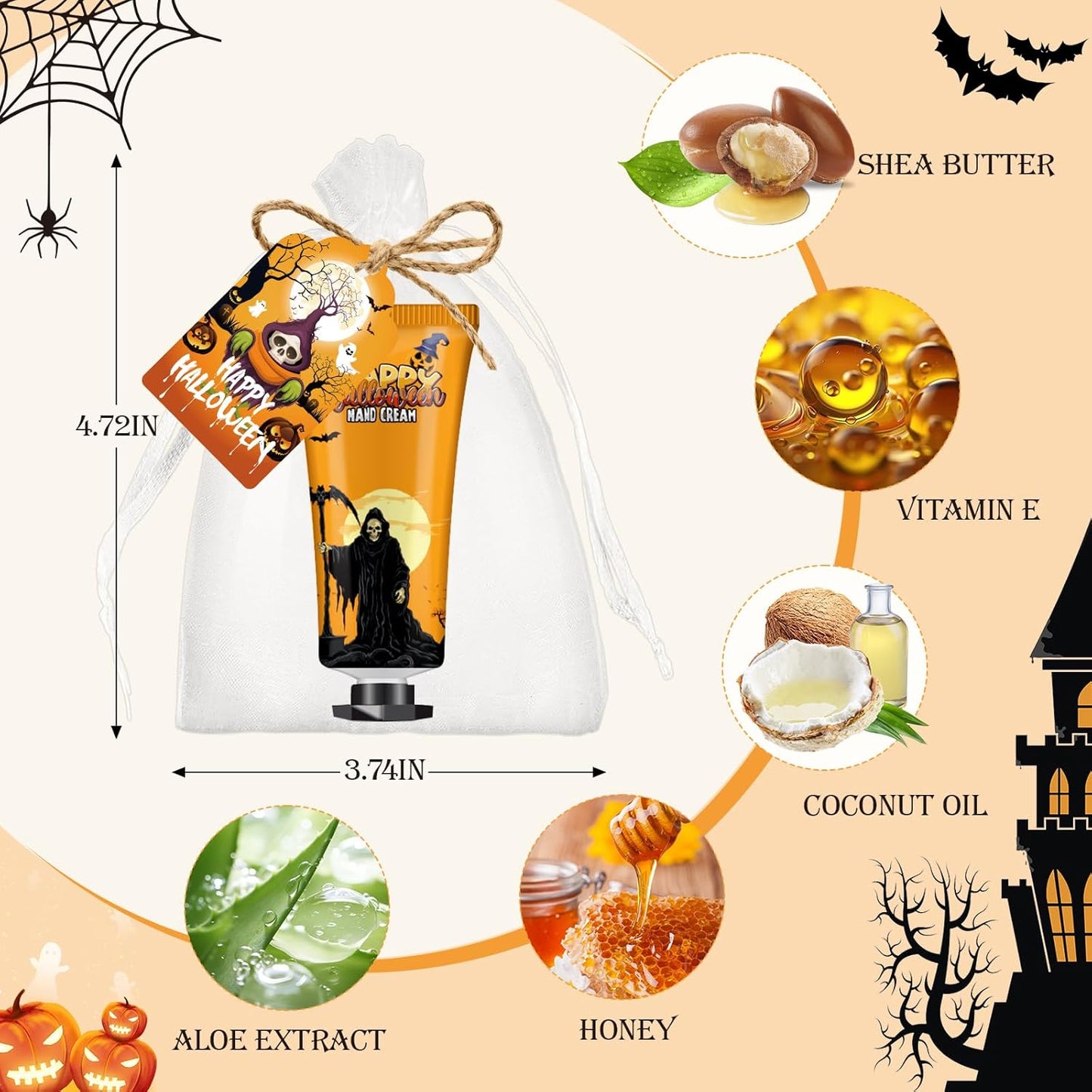 VESPRO 50 Sets Halloween Hand Cream Gift for Women, Hand Lotion for Halloween Party Favors with Halloween Cards and Organza Bags, Halloween Decorations and Bulk Halloween Gifts for Women