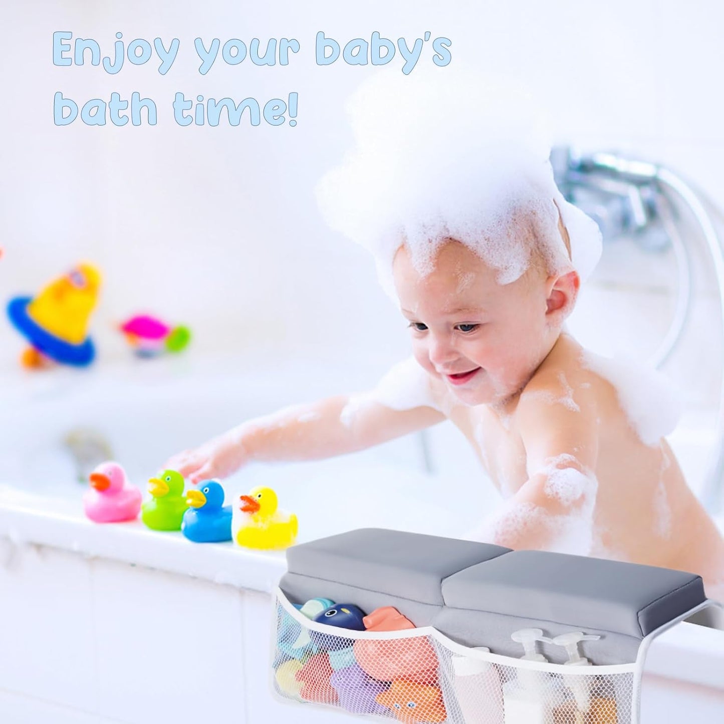 beiens Bath Kneeler and Elbow Rest Pad Set - 1.5'' Comfortable Baby Bath Kneeler Pads, Thick Quick Dry Kneeling Pad Support for Knee& Arm, Large Bathtub Mat with Toy Organizer for Happy Baby Bath Time