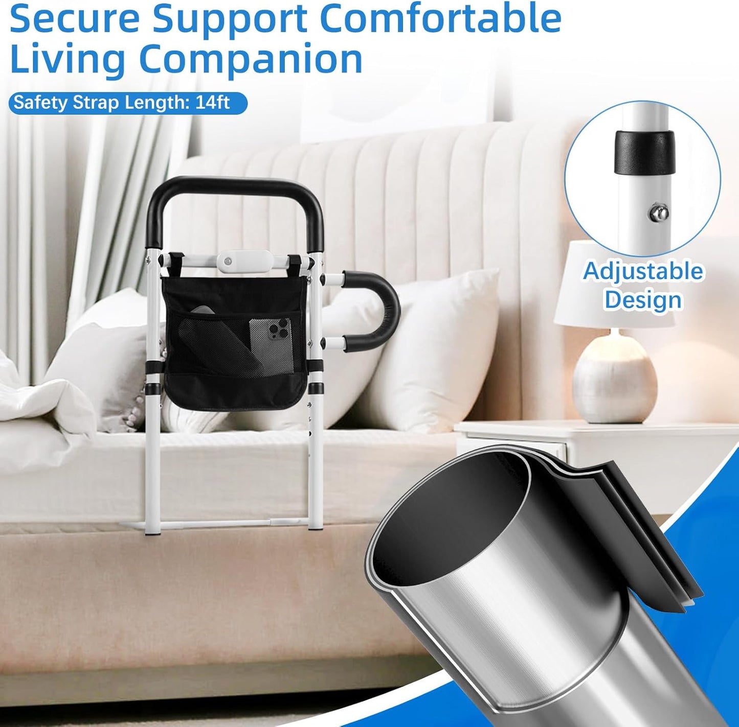 Bed Rails for Elderly Adults Safety, Adjustable Bed Rail with LED Motion Sensor Light, Bed Handle Bedside Assist for Grab Bar with Storage Pouch, Bed Side Rails Fits Twin Full Queen King Grey