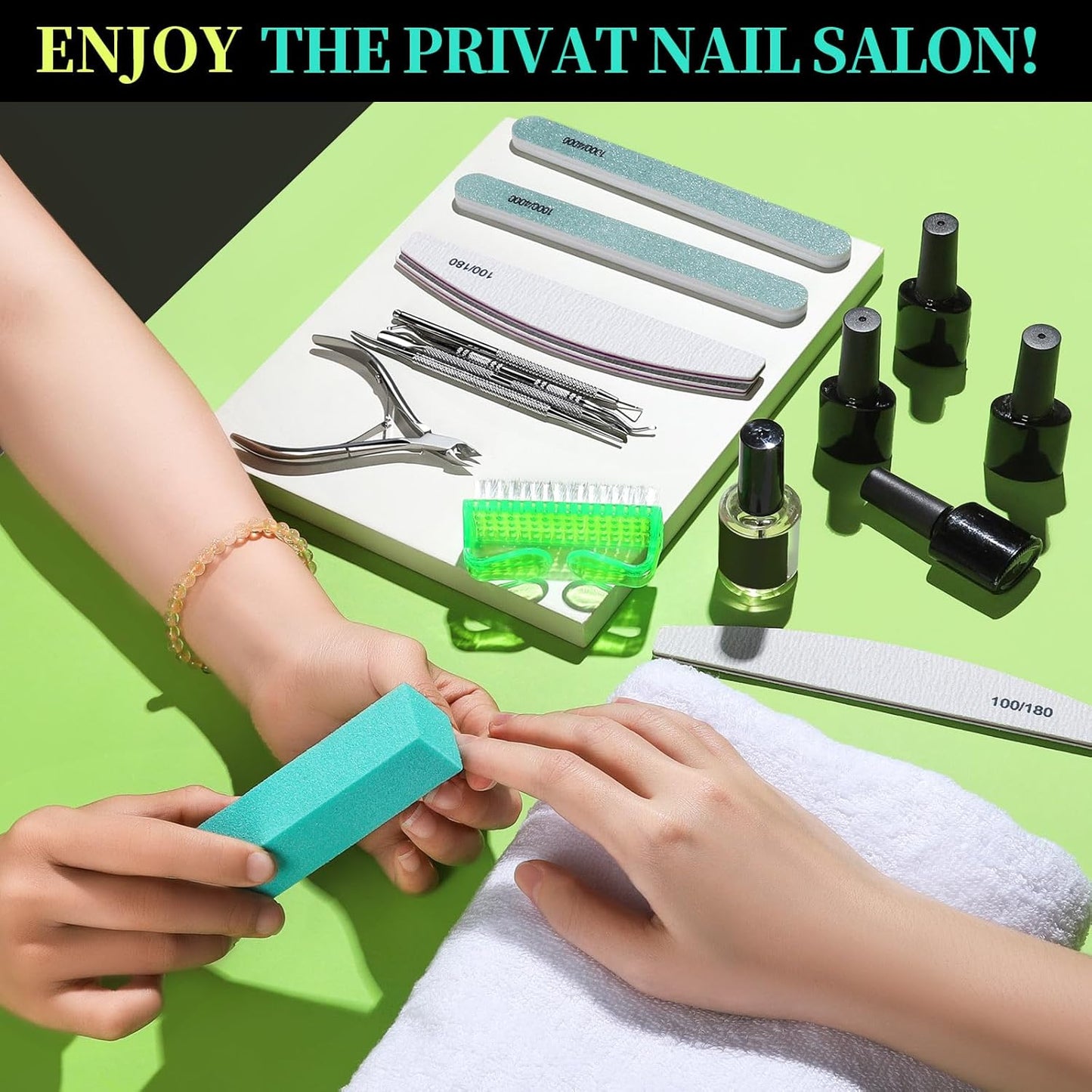 FANDAMEI Nail Tools, Nail Care Kit, Nail Files 100/180, Nail Buffer Block, Cuticle Nippers, Cuticle Pusher, Cuticle Peeler, Nail Lifter for Ingrown Toenails, Toenail File, Manicure Kit, Green