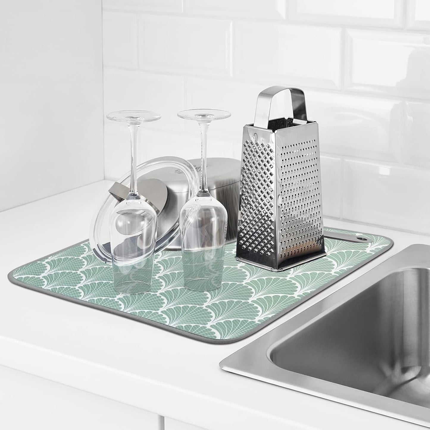 SHIYUE Dish Drying Mat for Kitchen Counter Super Absorbent Spring Kitchen Decor Microfiber Drying Matainers Rack Fast Pad Dish Drainer Mats(Green Shell Geometric,16''x18'')