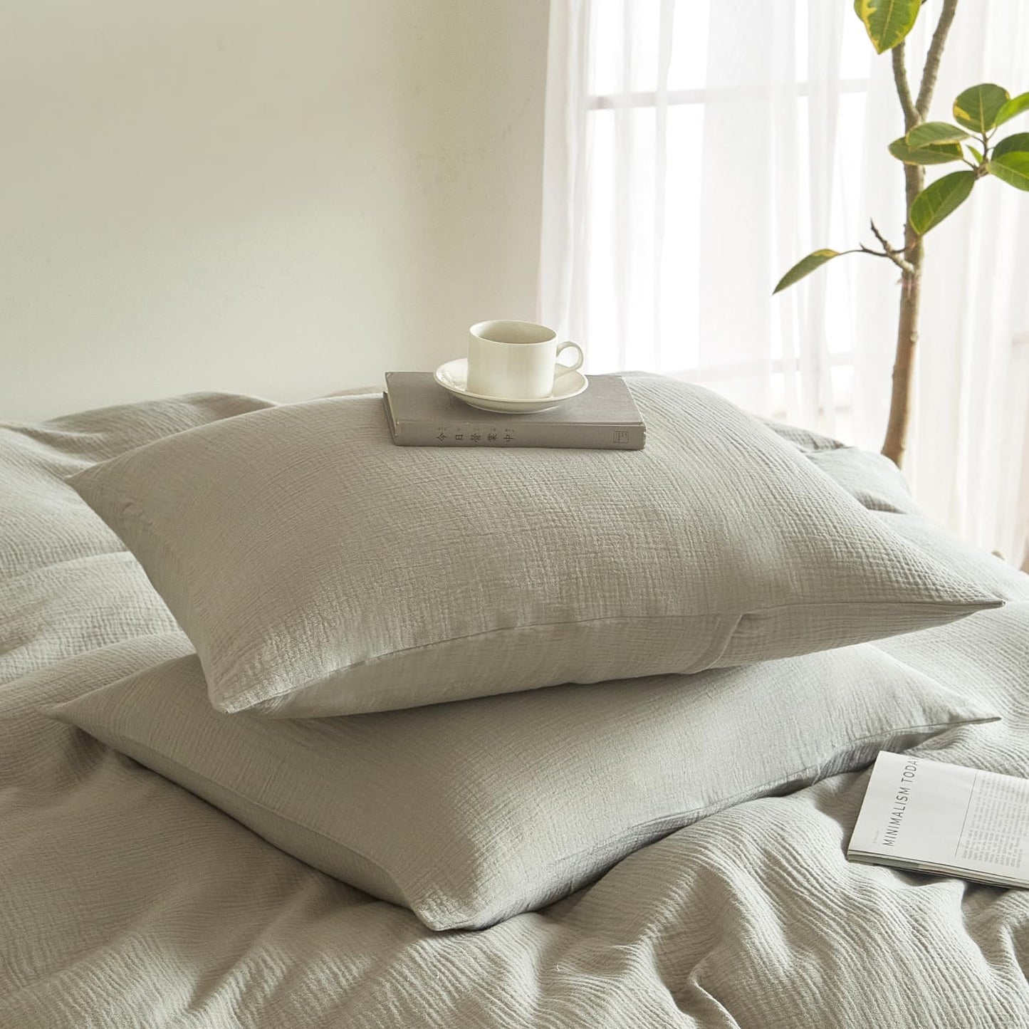 SE SOFTEXLY Muslin Pillowcases Queen Size 100% Cotton, 2 Pack Linen Like Pillow Shams with Envelope Closure, Ultral Soft and Breathable Pillow Case Covers, Smoky-Green, 20" X 30", No Filling