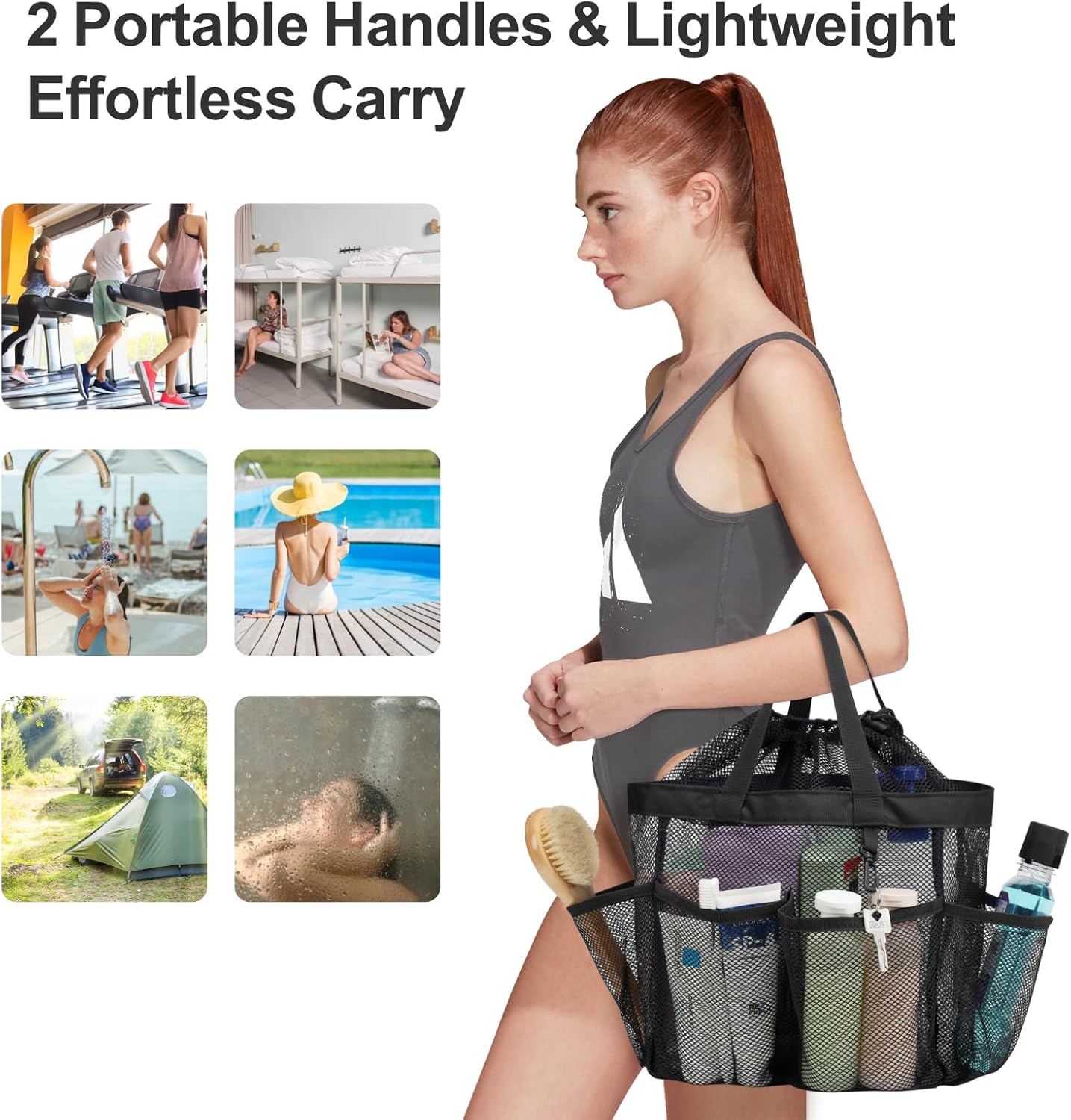 F-color Mesh Shower Caddy Portable with Drawstring - Upgrade Deeper 7 Pockets Dorm Room Essentials for Guys Girls with S Hook, Shower Bag Basket Tote for College Camping Bathroom, 2 Pack Black