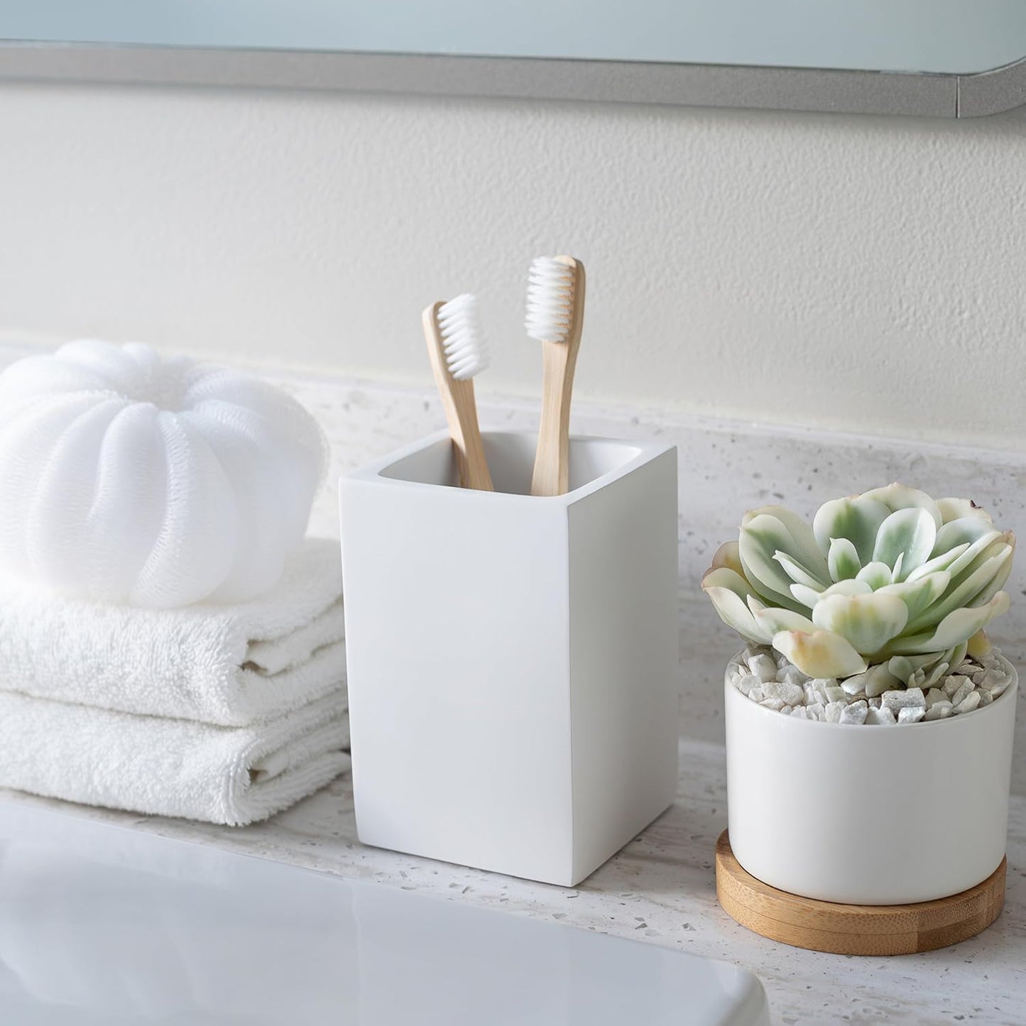 Matte White Toothbrush and Toothpaste Holder for Bathroom Vanity and Countertop, Square Organizer for Electric Toothbrushes, Floss, Razors, Cotton, and Mouthwash