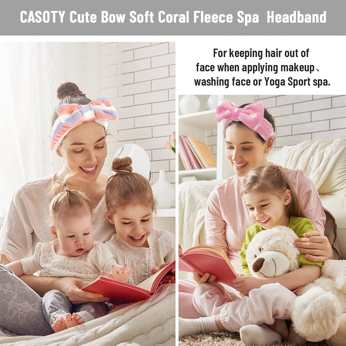 Casoty 6 Pcs Hairband, Soft Coral Fleece Spa Headbands, Bow Headband for Washing Face, Skincare Headbands for Face Washing Shower Skin Care Yoga, Women