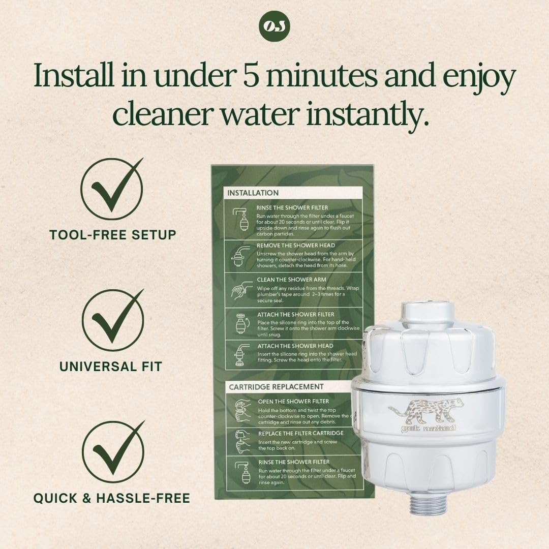 Organic Jaguar Shower Filter, 22 Stage Water Shower Head Filter For Hard Water, Heavy Metals, Chlorine & Impurities, Supports Hair and Skin Health & Hydration, Easy Installation, Long Lasting, Chrome