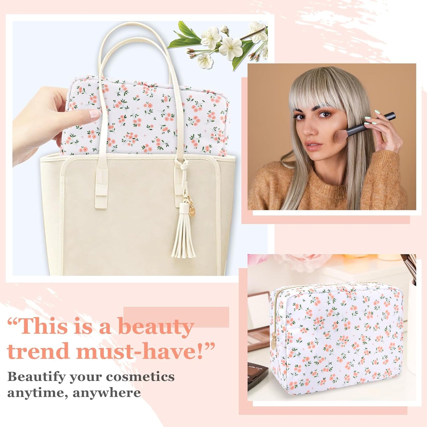 Nylon Large Floral Makeup Organizer Bag, Preppy Big Cute Flower Cosmetic Zipper Pouch Multi-compartment with Dividers, Waterproof Toiletry Makeup Brushes Bag Travel Essentials for Women(White-Floral)