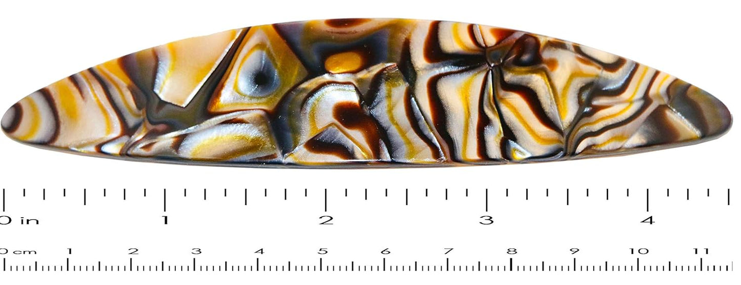 French Amie Long Oval Silver Onyx Grey 4.5" Handmade Celluloid Hair Clip Barrette with Golden Clasp for Women