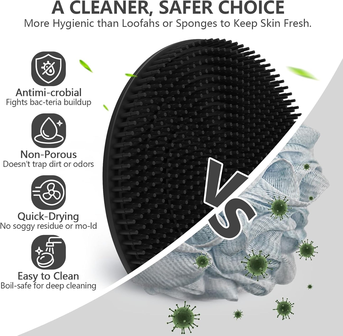 Silicone Body Scrubber with Scrub Net Set, BEAUTAIL 2 Pack for Rich Lather, Deep Cleansing, and Exfoliation – Durable, Easy to Clean, Gentle or Firmer Options – 1 Shower Brush Black, 1 Scrub Net Gray
