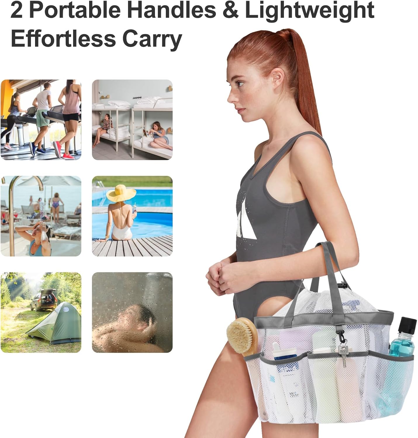 F-color Mesh Shower Caddy Portable with Drawstring - Upgrade Deeper 7 Pockets Dorm Room Essentials for Guys Girls with S Hook, Shower Bag Basket Tote for College Camping Toiletry Bathroom, White