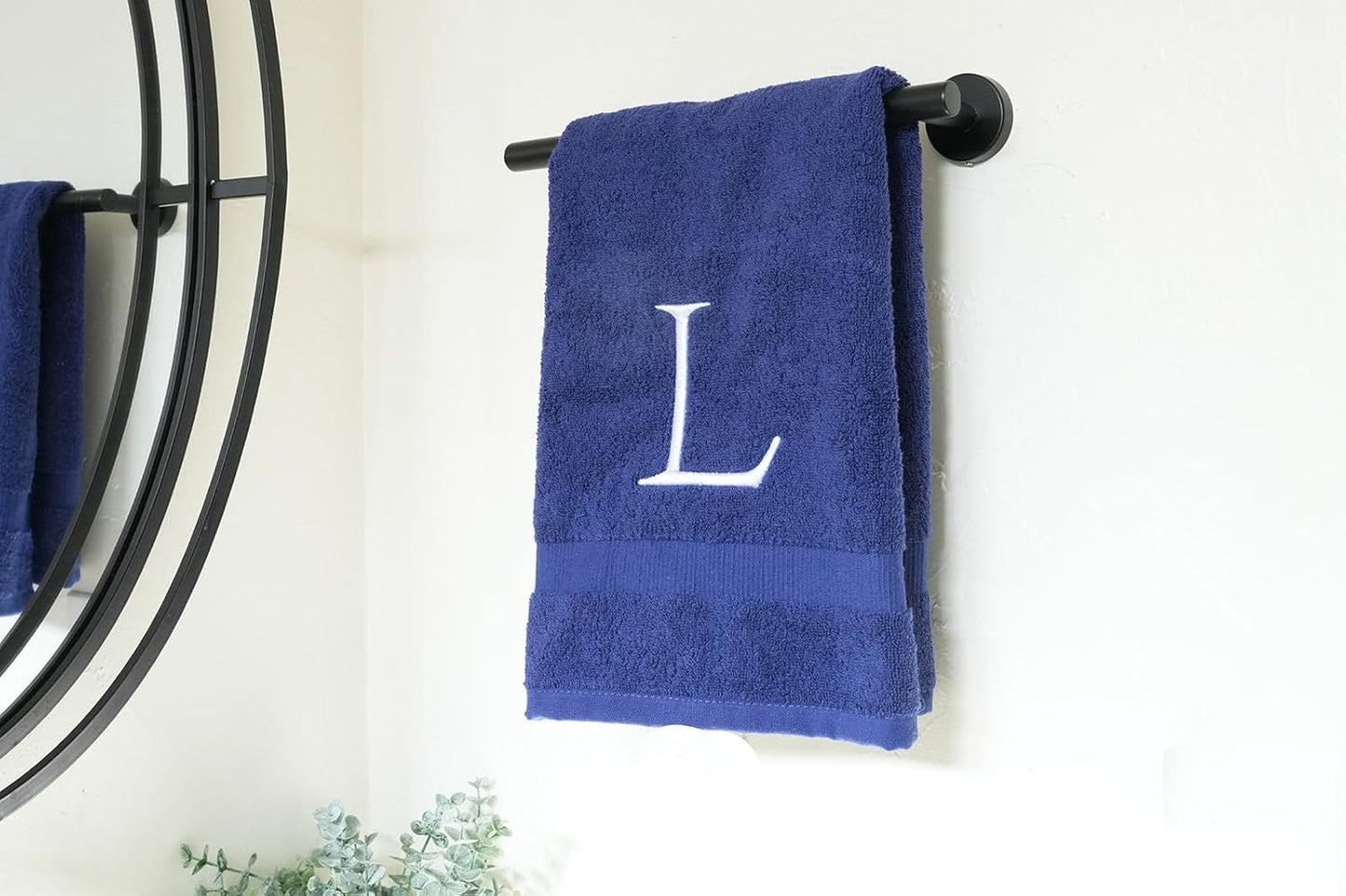 Navy and White Bathroom Hand Towel - Monogrammed Luxury Hotel Quality Decorative Embroidered Towel for Powder Room, Spa - GOTS Organic Certified - Pack of 2, Letter L