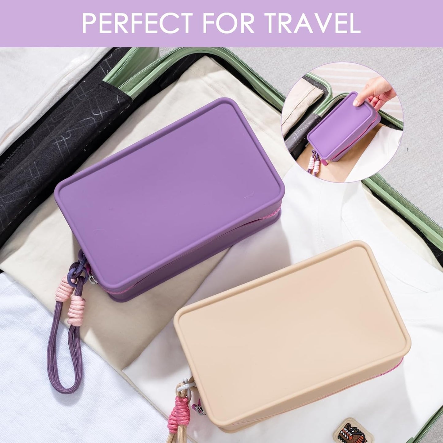 Travistar Silicone Travel Makeup Bag - Large Capacity Make Up Pouch Travel Makeup Organizer Bag Waterproof Toiletry Bag Portable Cosmetic Bag Cute Womens Brush Holder Bag with Zipper Closure Blue