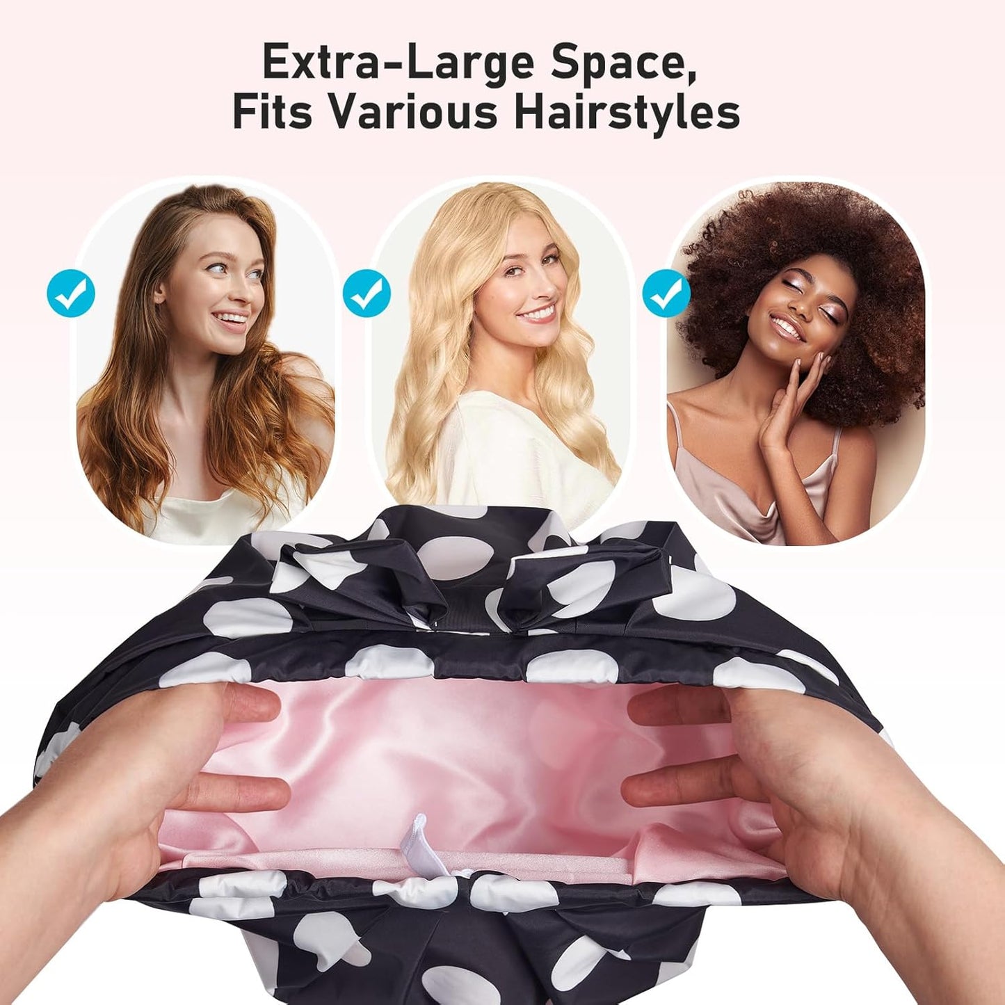 LitBear Luxury Silk Lined Shower Caps for Women Reusable Waterproof, Double Layered Large Bathing Hair Cap with Adjustable Elastic Strap, Non-slip, Quick-dry, for Long Short Hair, Black Dots