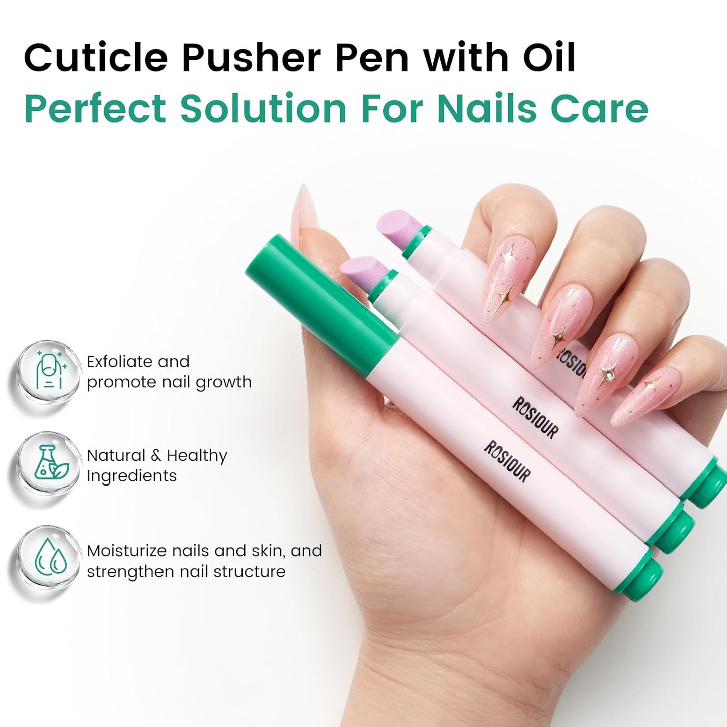 Ceramic Cuticle Oil Pusher Pen: 3-in-1 Nail Cuticle Buffer Pens with Cuticle Nipper for Hangnails, Dry & Damaged Nails, Moisturize Strengthen Brighten Nails Care